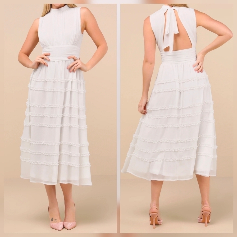 Lulus Happily Sweet White Mock Neck Backless Midi Dress, Size XL